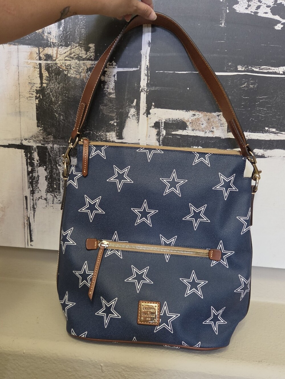 Dooney & Bourke Navy Star Print Hobo Bag with Brown Trim Dallas Cowboys Preloved
